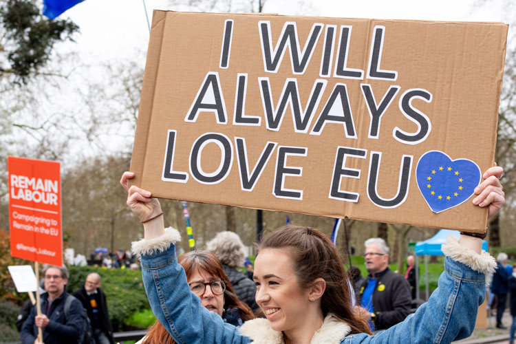 Brext protestor with placard I love EU